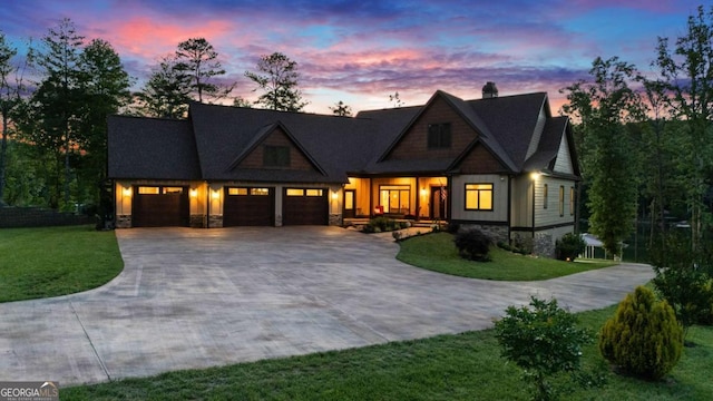 117 Valley View Ct, Blairsville, GA 30512 - view of front of home featuring concrete driveway, an attached garage, a front lawn, stone siding, and board and batten siding