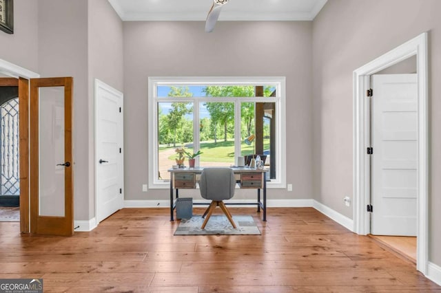 117 Valley View Ct, Blairsville, GA 30512 - office area with hardwood / wood-style floors, ceiling fan, baseboards, and crown molding