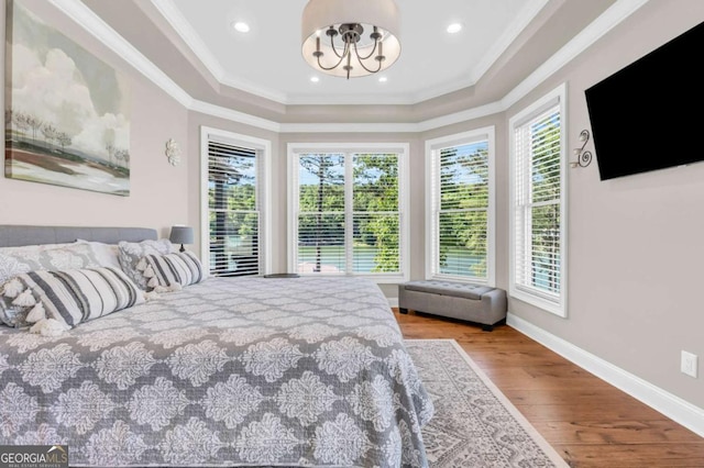 117 Valley View Ct, Blairsville, GA 30512 - bedroom featuring a tray ceiling, crown molding, wood finished floors, and recessed lighting