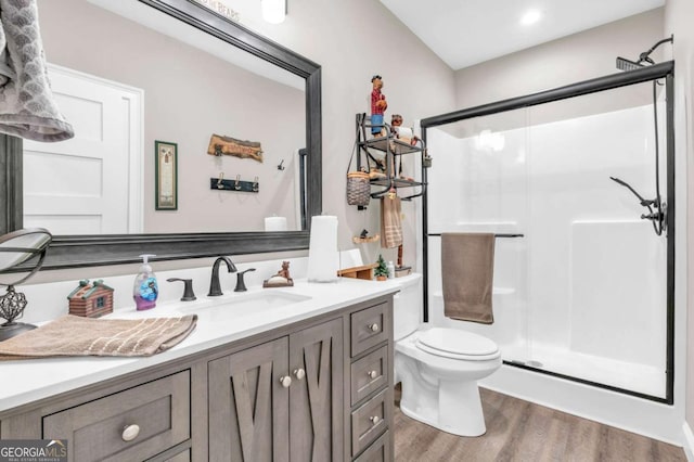 117 Valley View Ct, Blairsville, GA 30512 - bathroom featuring a stall shower, vanity, and wood finished floors