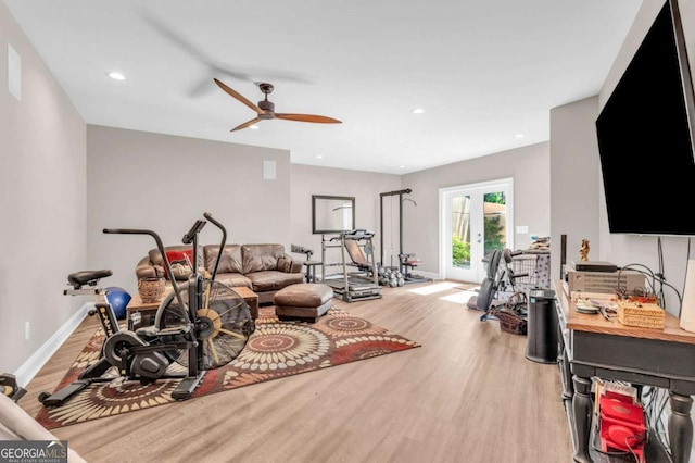 117 Valley View Ct, Blairsville, GA 30512 - exercise room with light wood-style flooring, ceiling fan, baseboards, and recessed lighting