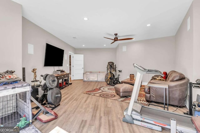 117 Valley View Ct, Blairsville, GA 30512 - exercise room with wood finished floors, ceiling fan, and recessed lighting