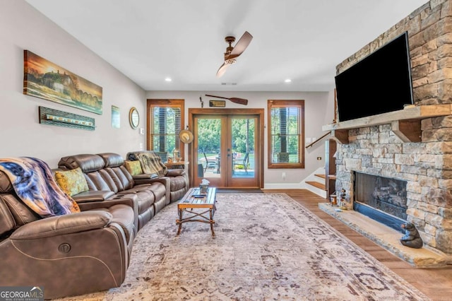 117 Valley View Ct, Blairsville, GA 30512 - living area featuring wood finished floors, stairway, baseboards, recessed lighting, and a fireplace