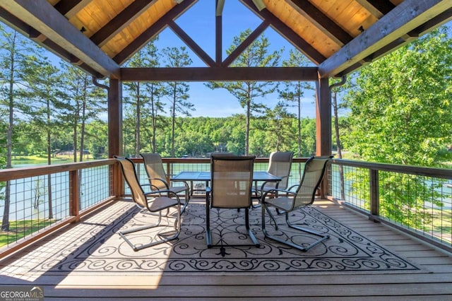 117 Valley View Ct, Blairsville, GA 30512 - wooden terrace featuring outdoor dining space, a gazebo, and view of scattered trees