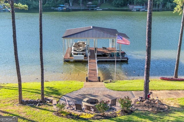 117 Valley View Ct, Blairsville, GA 30512 - dock area with a water view, boat lift, and an outdoor fire pit