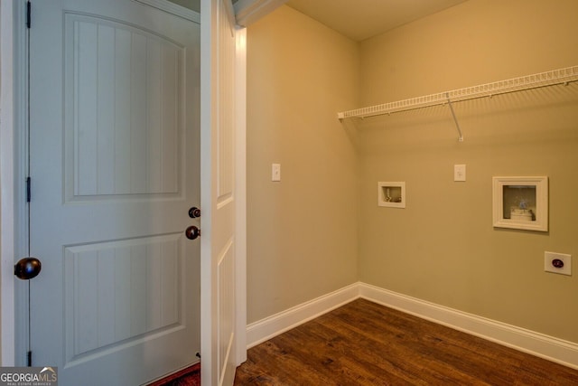 70 Country Meadows Ln, Covington, GA 30014 - washroom with electric dryer hookup, dark wood finished floors, hookup for a washing machine, and baseboards