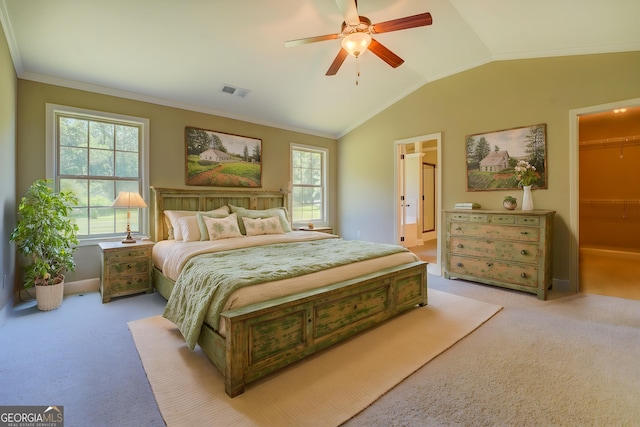 70 Country Meadows Ln, Covington, GA 30014 - bedroom with light colored carpet, lofted ceiling, baseboards, crown molding, and ceiling fan