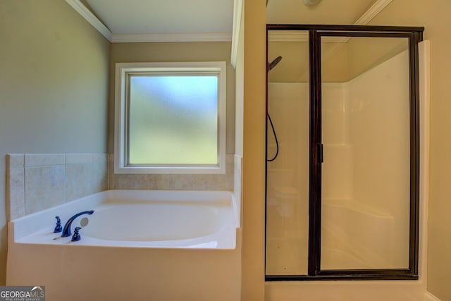 70 Country Meadows Ln, Covington, GA 30014 - full bathroom with a stall shower, a garden tub, and ornamental molding