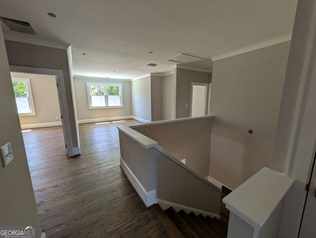 8239 High Lake Ter, Covington, GA 30014 - hall featuring an upstairs landing, crown molding, wood finished floors, and baseboards