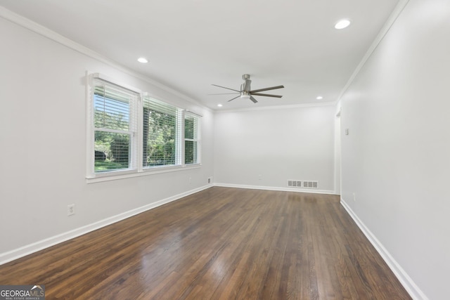 623 Montevista St SW, Atlanta, GA 30310 - spare room featuring ornamental molding, a ceiling fan, dark wood finished floors, recessed lighting, and baseboards