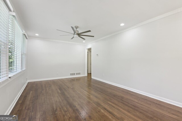 623 Montevista St SW, Atlanta, GA 30310 - spare room with ceiling fan, dark wood finished floors, ornamental molding, baseboards, and recessed lighting