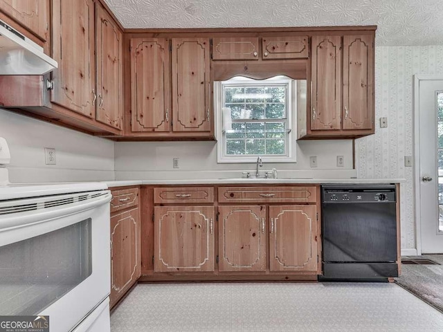 301 Jetta Ln, Canton, GA 30115 - kitchen featuring dishwasher, white range with electric cooktop, under cabinet range hood, wallpapered walls, and a sink