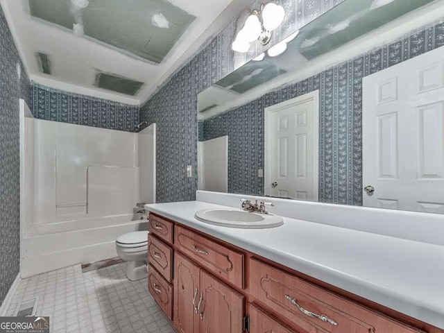301 Jetta Ln, Canton, GA 30115 - full bathroom with toilet, vanity, wallpapered walls, and shower / bathtub combination