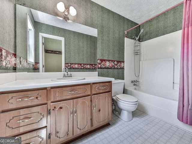 301 Jetta Ln, Canton, GA 30115 - full bathroom featuring wallpapered walls,  shower combination, toilet, vanity, and a textured ceiling