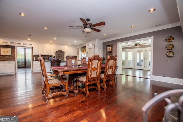 1050 Denton Rd, Douglasville, GA 30134 - dining room with a ceiling fan, crown molding, dark wood-style flooring, french doors, and recessed lighting