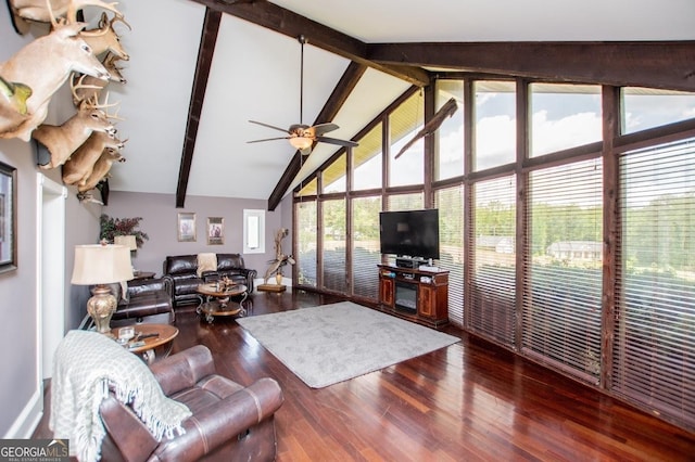 1050 Denton Rd, Douglasville, GA 30134 - living room featuring high vaulted ceiling, wood finished floors, beamed ceiling, baseboards, and ceiling fan