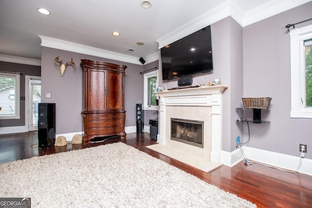 1050 Denton Rd, Douglasville, GA 30134 - living room with wood finished floors, healthy amount of natural light, a high end fireplace, ornamental molding, and recessed lighting