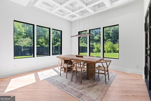 5370 Greenleaf Dr SW, Mableton, GA 30126 - dining room with healthy amount of natural light, beamed ceiling, light wood-style flooring, coffered ceiling, and baseboards