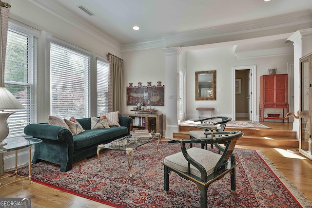 1000 Pleasance Grv, Peachtree City, GA 30269 - living area featuring healthy amount of natural light, ornamental molding, wood finished floors, recessed lighting, and decorative columns