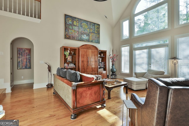 1000 Pleasance Grv, Peachtree City, GA 30269 - living room with high vaulted ceiling, light wood-style flooring, baseboards, and arched walkways