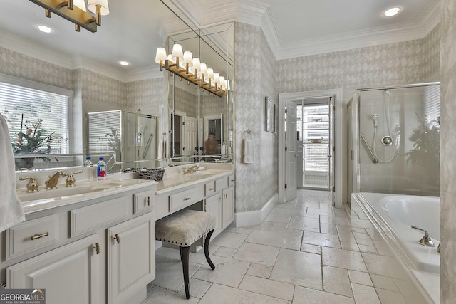 1000 Pleasance Grv, Peachtree City, GA 30269 - full bathroom with healthy amount of natural light, a stall shower, double vanity, a bath, and wallpapered walls
