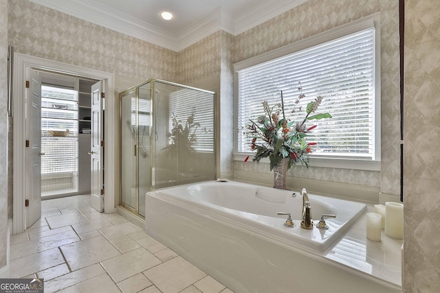 1000 Pleasance Grv, Peachtree City, GA 30269 - full bath featuring a garden tub, a shower stall, crown molding, and stone tile floors