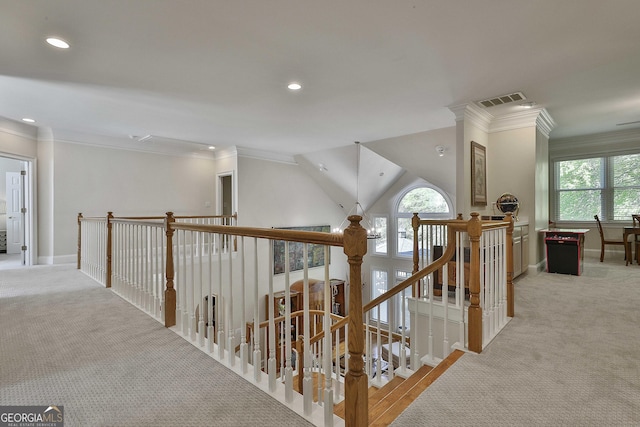 1000 Pleasance Grv, Peachtree City, GA 30269 - corridor with crown molding, an upstairs landing, recessed lighting, light carpet, and baseboards