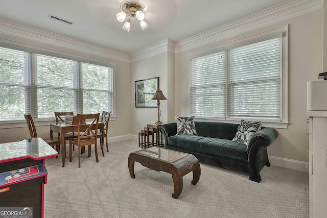1000 Pleasance Grv, Peachtree City, GA 30269 - living room with carpet, a ceiling fan, baseboards, and crown molding