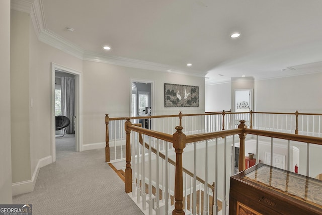 1000 Pleasance Grv, Peachtree City, GA 30269 - corridor featuring an upstairs landing, crown molding, recessed lighting, baseboards, and light carpet
