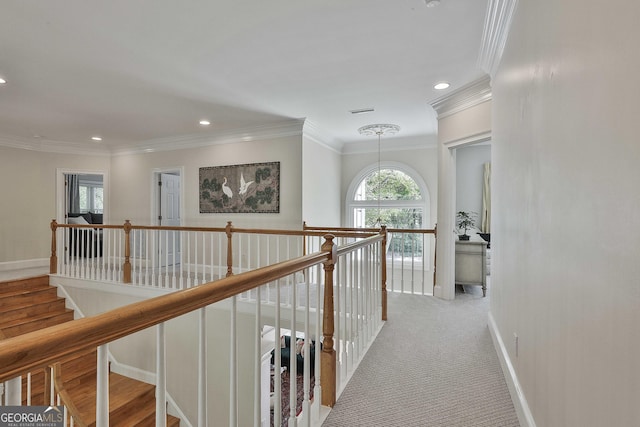 1000 Pleasance Grv, Peachtree City, GA 30269 - corridor featuring ornamental molding, recessed lighting, baseboards, a chandelier, and carpet
