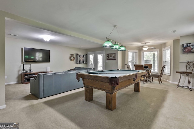 1000 Pleasance Grv, Peachtree City, GA 30269 - game room featuring light carpet, pool table, baseboards, ceiling fan, and french doors