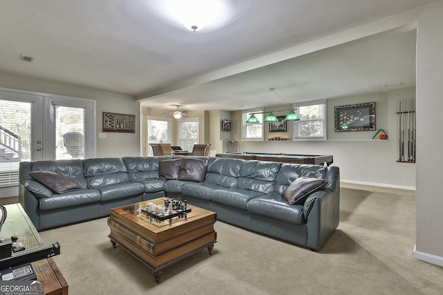 1000 Pleasance Grv, Peachtree City, GA 30269 - living room with carpet flooring, french doors, baseboards, and billiards table