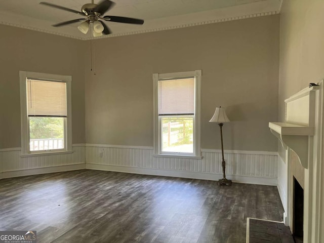 243 Old Acworth Rd, Dallas, GA 30132 - unfurnished living room with dark wood-style flooring, wainscoting, plenty of natural light, ceiling fan, and a fireplace