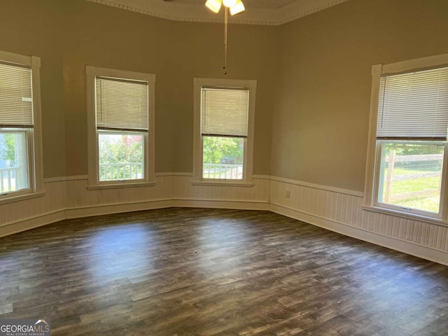 243 Old Acworth Rd, Dallas, GA 30132 - spare room featuring a wainscoted wall, dark wood finished floors, ceiling fan, and crown molding