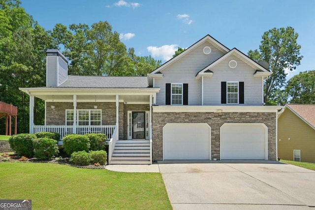 3705 Tate Pl, Austell, GA 30106 - split level home with a porch, concrete driveway, a garage, a front yard, and a chimney
