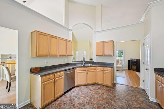 3705 Tate Pl, Austell, GA 30106 - kitchen with dishwasher, dark countertops, ceiling fan, a high ceiling, and dark stone finish floors