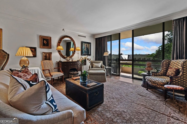 2660 Peachtree Rd Unit 6A, Atlanta, GA 30305 - living area featuring floor to ceiling windows and ornamental molding