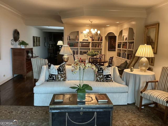 2660 Peachtree Rd Unit 6A, Atlanta, GA 30305 - living room featuring ornamental molding, a chandelier, built in shelves, and wood finished floors