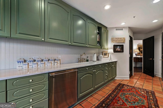 2660 Peachtree Rd Unit 6A, Atlanta, GA 30305 - kitchen featuring green cabinets, dishwasher, recessed lighting, and light tile patterned floors