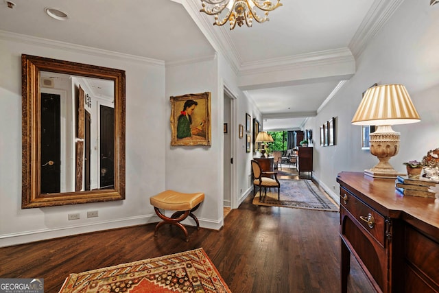 2660 Peachtree Rd Unit 6A, Atlanta, GA 30305 - hallway with a chandelier, dark wood-style flooring, and ornamental molding