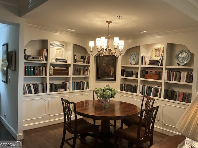 2660 Peachtree Rd Unit 6A, Atlanta, GA 30305 - dining space featuring ornamental molding, wood finished floors, a chandelier, built in shelves, and recessed lighting