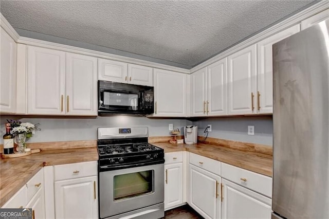 10000 Barston Ct, Johns Creek, GA 30022 - kitchen featuring black microwave, stainless steel range with gas cooktop, wooden counters, refrigerator, and white cabinets
