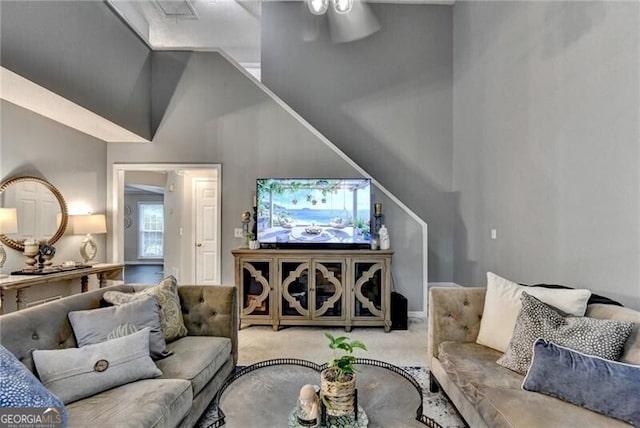 10000 Barston Ct, Johns Creek, GA 30022 - carpeted living room with a towering ceiling and a ceiling fan