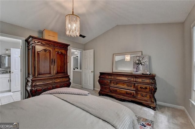 10000 Barston Ct, Johns Creek, GA 30022 - bedroom with a chandelier, vaulted ceiling, connected bathroom, light carpet, and multiple windows