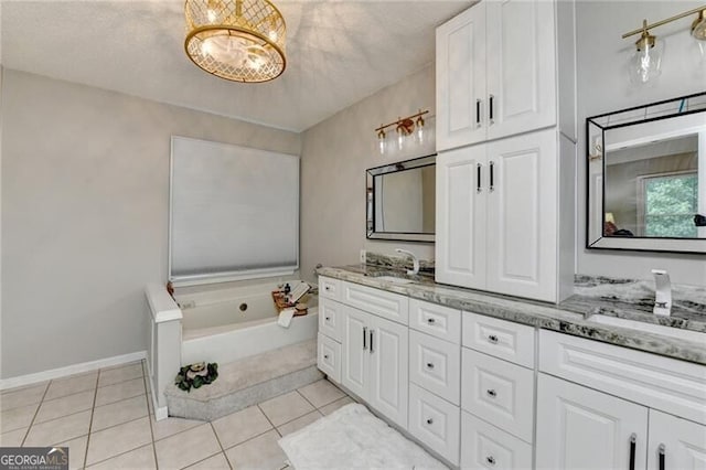 10000 Barston Ct, Johns Creek, GA 30022 - full bath with double vanity, a bath, tile patterned flooring, and a chandelier