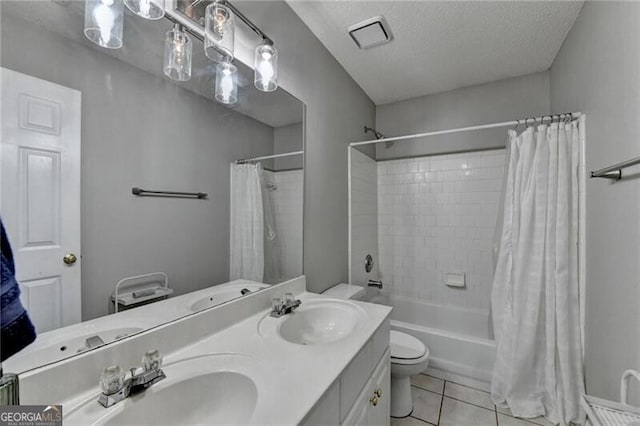 10000 Barston Ct, Johns Creek, GA 30022 - bathroom with shower / bath combo, double vanity, tile patterned floors, and a textured ceiling