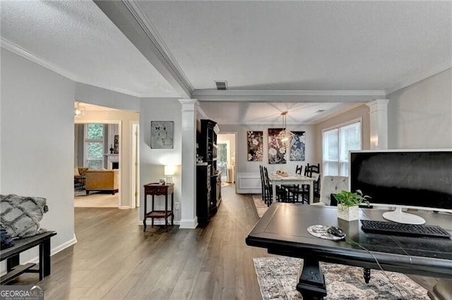 10000 Barston Ct, Johns Creek, GA 30022 - living room with crown molding, plenty of natural light, wood finished floors, and decorative columns