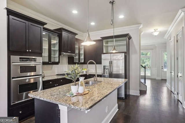 345 Alderwood Ln, Sandy Springs, GA 30328 - kitchen with stainless steel appliances, crown molding, backsplash, dark wood-style flooring, and glass insert cabinets