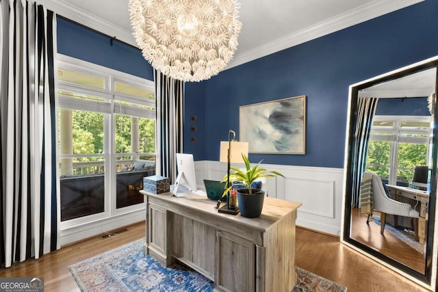 2936 Summitop Rd NE, Marietta, GA 30066 - office with wainscoting, crown molding, a chandelier, and wood finished floors