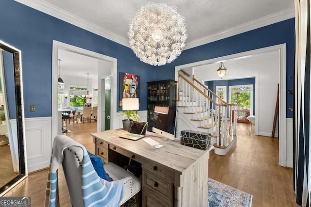 2936 Summitop Rd NE, Marietta, GA 30066 - office featuring a chandelier, wood finished floors, ornamental molding, and wainscoting